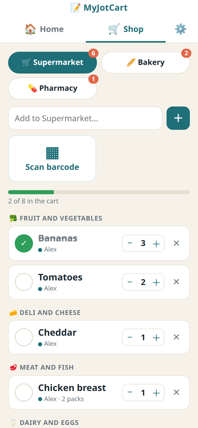 Shopping list grouped by aisle